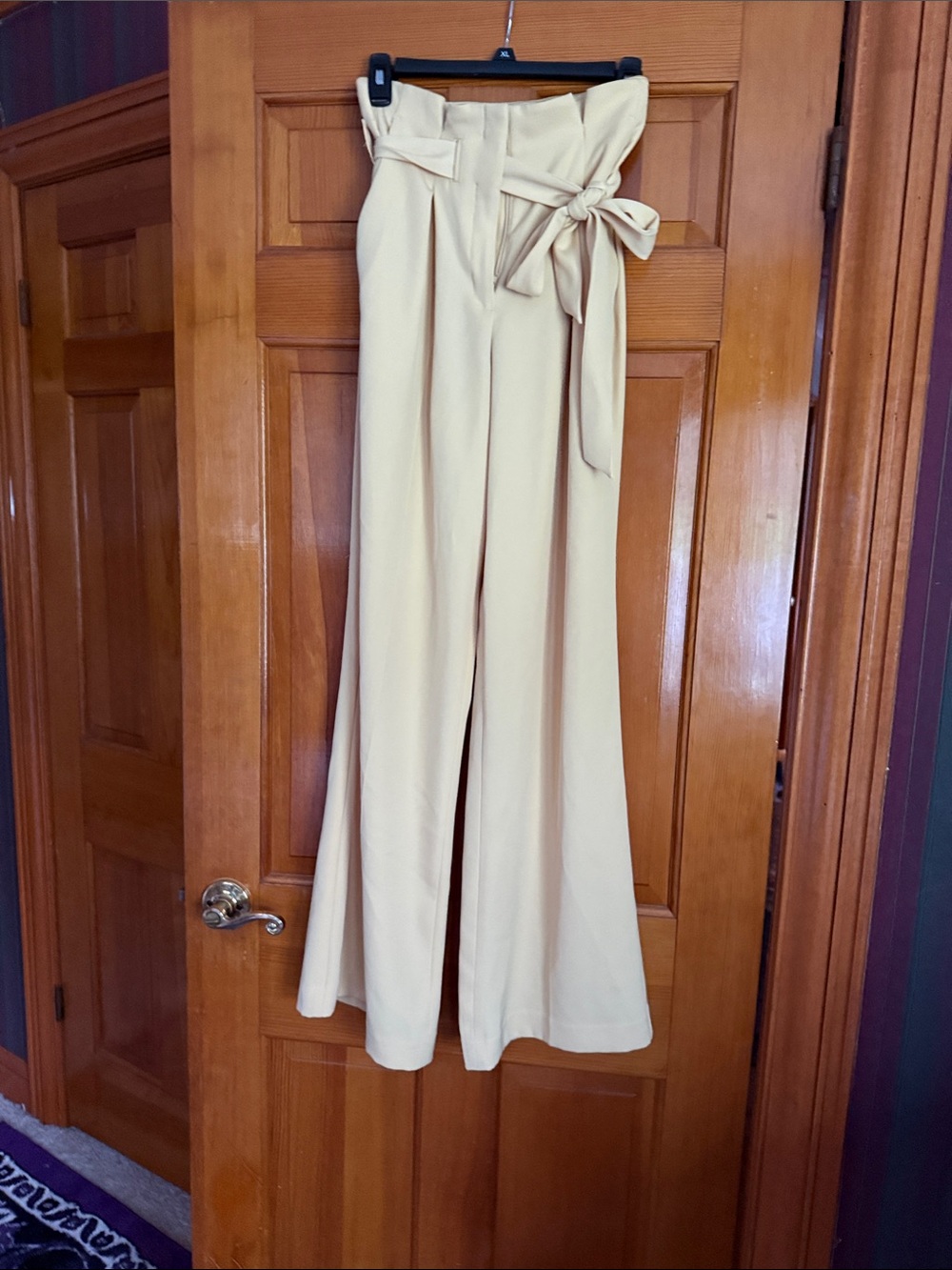 Express Cream Paperbag High-Rise Wide-Leg Pants with Tie